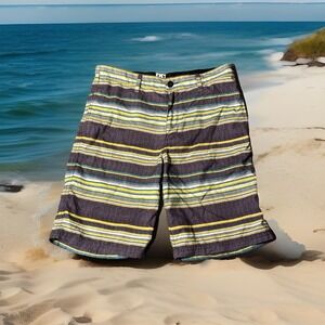 DC Shoes Men Sz 32 Black yellow green striped Surf Swim Trunks Skateboard Shorts